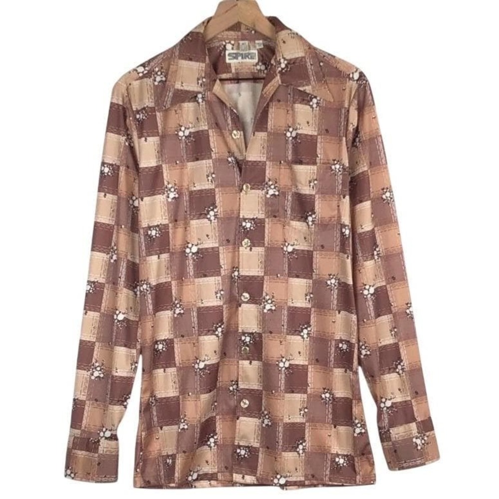 VTG 70s SPIRE California Shirt Men's M Tall Brown Plaid Floral Disco Button Up